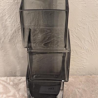 smoke gray glass vase with geometric irregularities- offset squares  