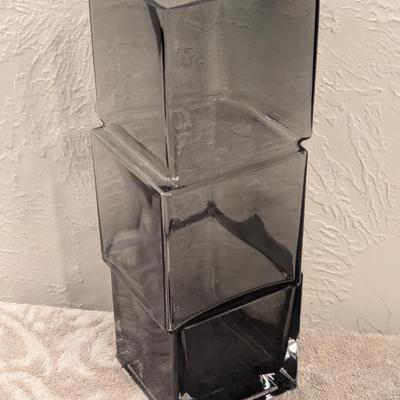 smoke gray glass vase with geometric irregularities- offset squares  