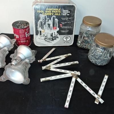 NEW TOOL/HARDWARE CADDY, SPOT LIGHT BULBS, HARDWARE AND FOLDING RULER