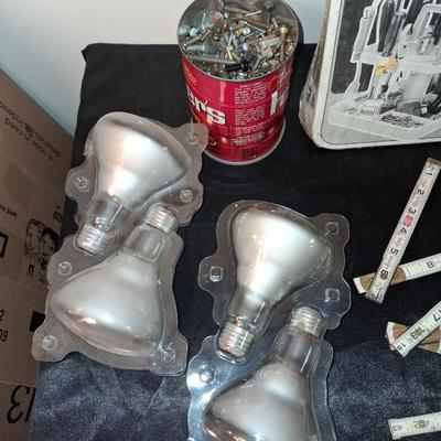 NEW TOOL/HARDWARE CADDY, SPOT LIGHT BULBS, HARDWARE AND FOLDING RULER