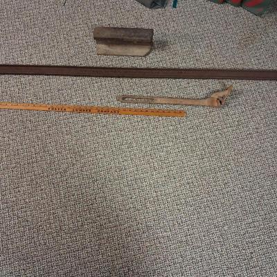 A PIECE OF RAILROAD TRACK, PIECE OF NARROW GAGE MINE RAIL AND MORE