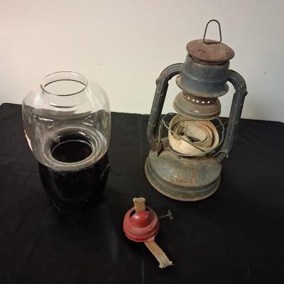 LITTLE WIZARD LANTERN, CLEAR AND RED GLASS GLOBES AND LANTERN BURNER