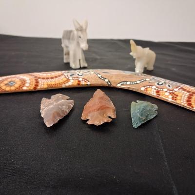BOOMERANG, MARBLE ELEPHANTS AND STONE ARROWHEADS