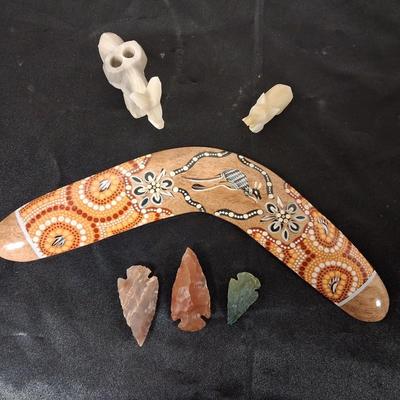 BOOMERANG, MARBLE ELEPHANTS AND STONE ARROWHEADS