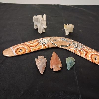BOOMERANG, MARBLE ELEPHANTS AND STONE ARROWHEADS