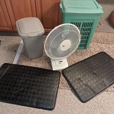 PLASTIC CLOTHES HAMPER, 2 FATIGUE MATS, SMALL TRASH CAN AND AN OSCILLATING FAN