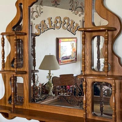 Vintage 1960s Pulaski Oak Wood Bar Saloon Mirror w/ Shelves