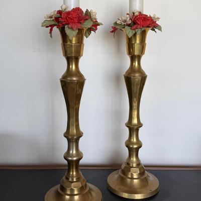 TWO Large Floor Standing Solid Brass Candle Holders