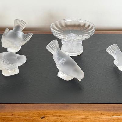 Mid-Century Lalique "Nogent" Crystal Compote w/ 4 Lalique Crystal Bird Figurines