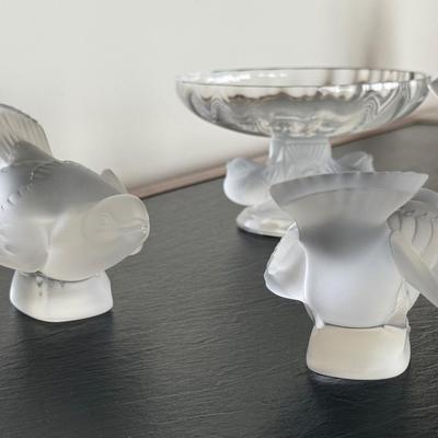 Mid-Century Lalique "Nogent" Crystal Compote w/ 4 Lalique Crystal Bird Figurines