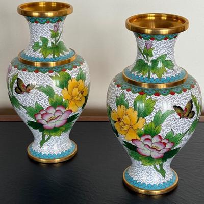 TWO Vintage Chinese Cloisonne Enamel Vases (wooden stands included but not pictured)