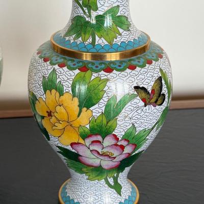 TWO Vintage Chinese Cloisonne Enamel Vases (wooden stands included but not pictured)