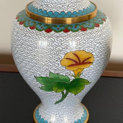 TWO Vintage Chinese Cloisonne Enamel Vases (wooden stands included but not pictured)