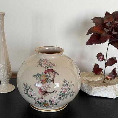 Vintage MCM Brutalist Metal Flower Sculpture and Lenox Vases