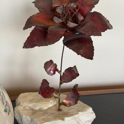 Vintage MCM Brutalist Metal Flower Sculpture and Lenox Vases