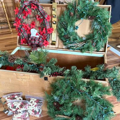 Wood Shipping Crate w/ Garland and Wreaths