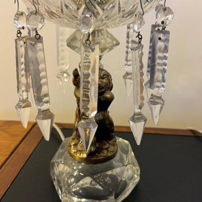 TWO Vintage Hollywood Regency Crystal Cherub Table Lamps w/ Prism Crystals