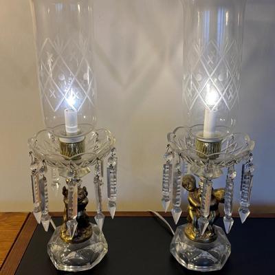 TWO Vintage Hollywood Regency Crystal Cherub Table Lamps w/ Prism Crystals