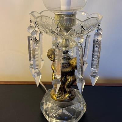 TWO Vintage Hollywood Regency Crystal Cherub Table Lamps w/ Prism Crystals
