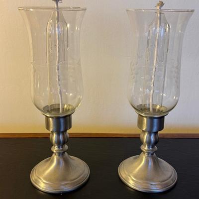 TWO Vintage WEB Weighted Pewter Oil Candle Holders w/ Etched Glass Hurricanes