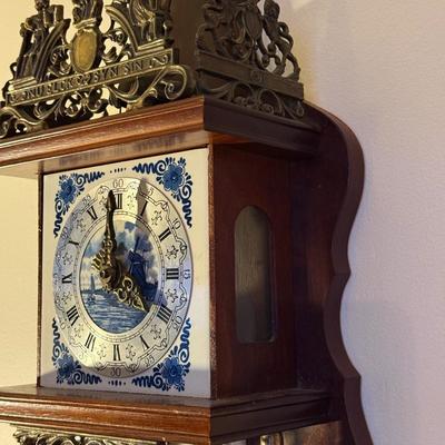 Vintage Franz Hermie Dutch Wall Clock w/ Delft Ceramic Tiles and Brass Accents