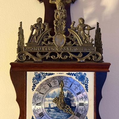 Vintage Franz Hermie Dutch Wall Clock w/ Delft Ceramic Tiles and Brass Accents