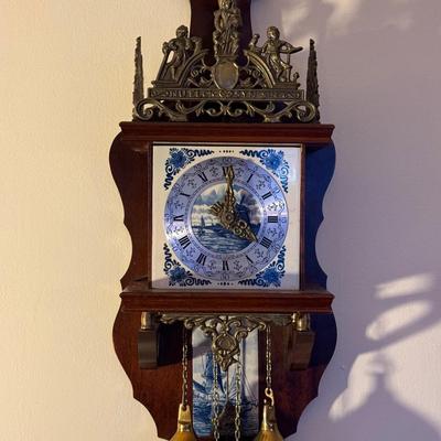 Vintage Franz Hermie Dutch Wall Clock w/ Delft Ceramic Tiles and Brass Accents