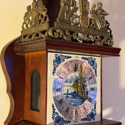 Vintage Franz Hermie Dutch Wall Clock w/ Delft Ceramic Tiles and Brass Accents