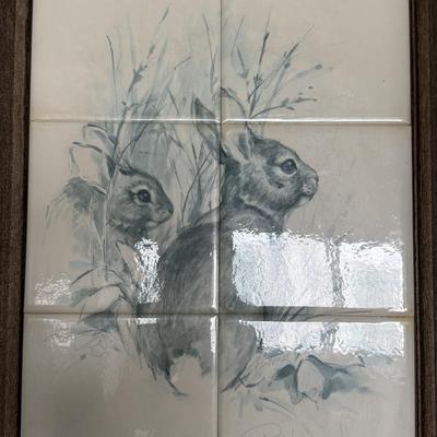 Ceramic Tile Rabit Drawing- Signed Paul Whitney Hunter 11" x 15.5"