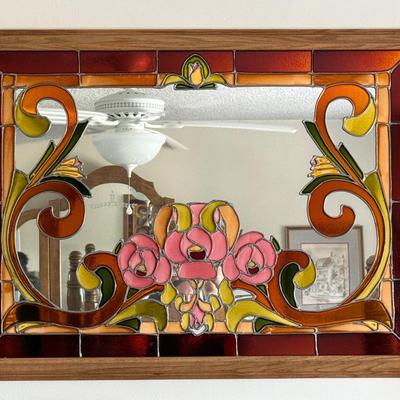 Vintage Stained Glass Mirror (Pink Floral) 37" x 27"