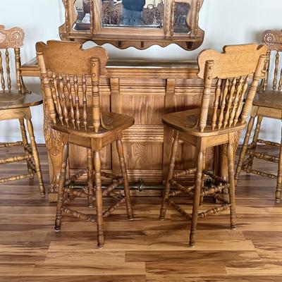 Solid Oak Bar w/ Brass Top- includes 4 bar chairs