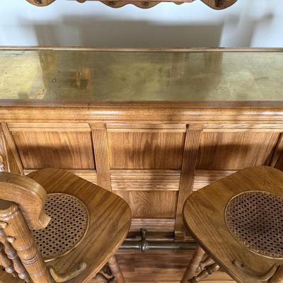 Solid Oak Bar w/ Brass Top- includes 4 bar chairs