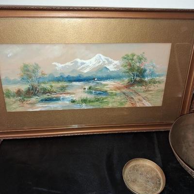SIGNED WATERCOLOR AND SCENERY PICTURE PLUS BRASS BOWL