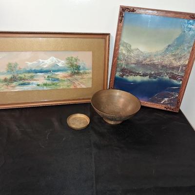 SIGNED WATERCOLOR AND SCENERY PICTURE PLUS BRASS BOWL