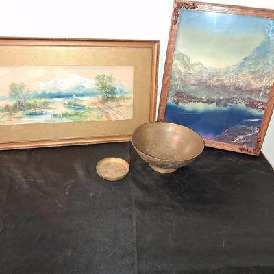 SIGNED WATERCOLOR AND SCENERY PICTURE PLUS BRASS BOWL