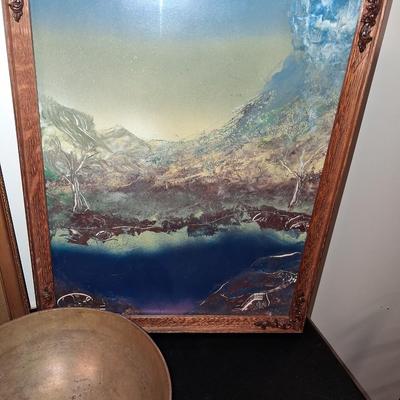 SIGNED WATERCOLOR AND SCENERY PICTURE PLUS BRASS BOWL