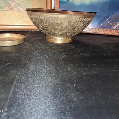 SIGNED WATERCOLOR AND SCENERY PICTURE PLUS BRASS BOWL