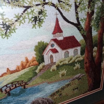 HANDCRAFTED CHURCH BY A CREEK PICTURE AND COLORED PLASTIC WALL DECOR