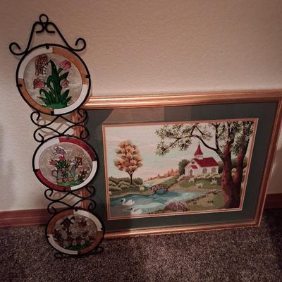 HANDCRAFTED CHURCH BY A CREEK PICTURE AND COLORED PLASTIC WALL DECOR