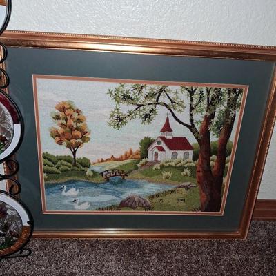 HANDCRAFTED CHURCH BY A CREEK PICTURE AND COLORED PLASTIC WALL DECOR
