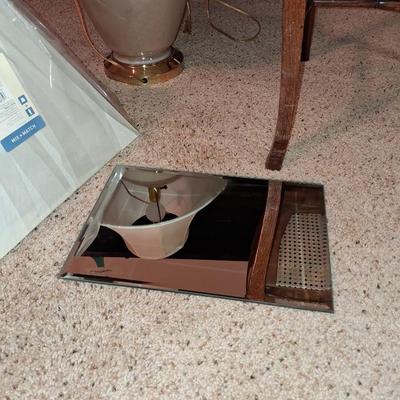 CANED SEAT ANTIQUE CHAIR, TABLE LAMP WITH EXTRA SHADE AND A MIRROR