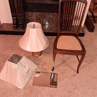 CANED SEAT ANTIQUE CHAIR, TABLE LAMP WITH EXTRA SHADE AND A MIRROR