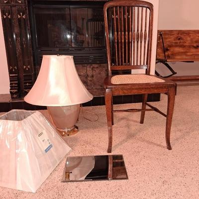 CANED SEAT ANTIQUE CHAIR, TABLE LAMP WITH EXTRA SHADE AND A MIRROR