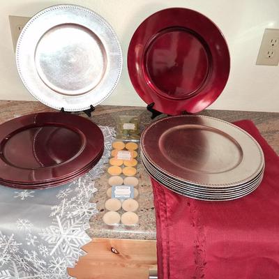 TABLE RUNNER, TABLECLOTH, CHARGERS AND VOTIVE CANDLES