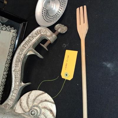 DOILY UNDER GLASS ON A SERVING TRAY, FOOD GRINDER AND MORE