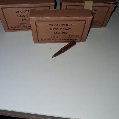 60 NEW NATO 7.62MM BULLETS 3 BOXES OF 20 CARTRIDGES EA