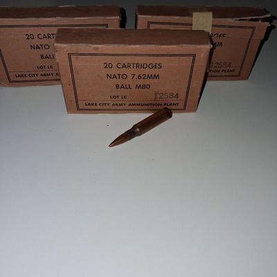 60 NEW NATO 7.62MM BULLETS 3 BOXES OF 20 CARTRIDGES EA