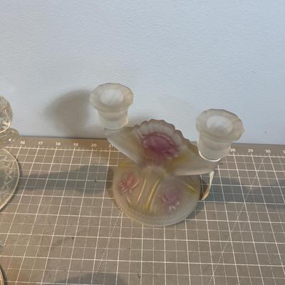 Glass Candelabras (6 ) 1 set is fronted Iris and Herringbone