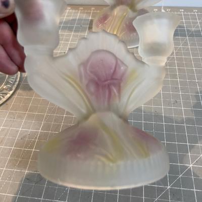 Glass Candelabras (6 ) 1 set is fronted Iris and Herringbone