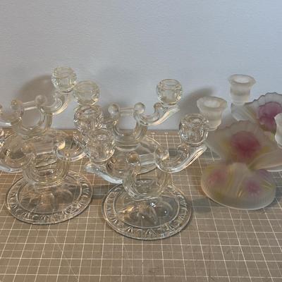 Glass Candelabras (6 ) 1 set is fronted Iris and Herringbone